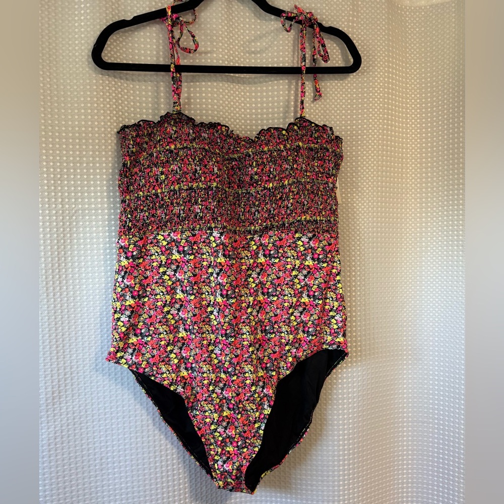 Beachjoy Floral One-Piece Swimsuit with Tie Straps - Pink/Yellow